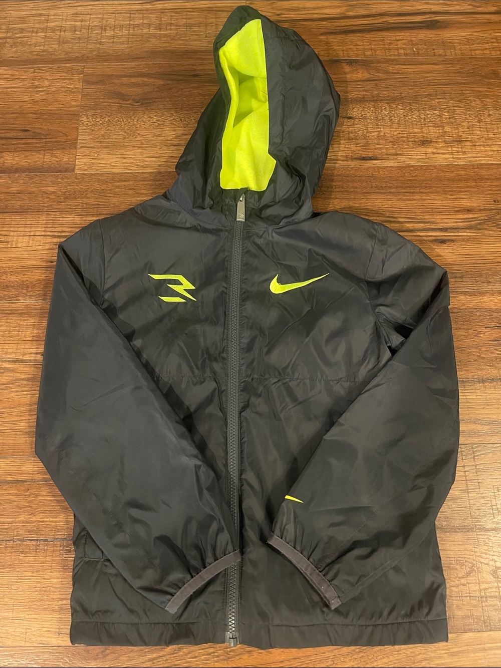 Nike Kids Black Jacket with Neon Yellow Accents Hooded Windbreaker size 8-10